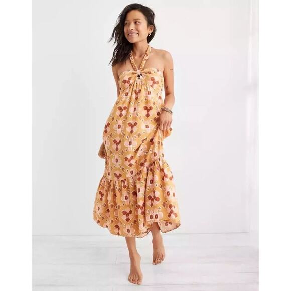 NWT Aerie Halter Maxi Linen Blend Maxi Dress Orange Red Brown Size Medium - Picture 1 of 10